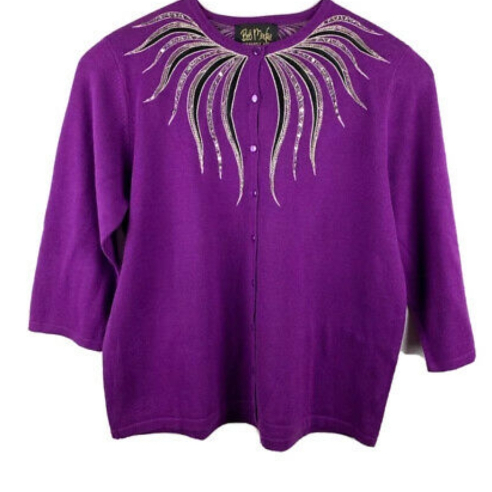 Bob Mackie Purple Crew Neck Cardigan with Silver Embellishment